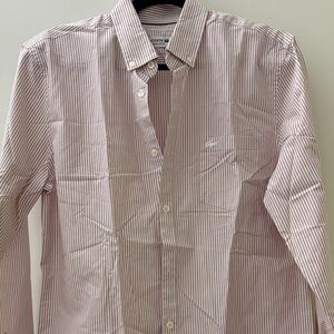 Lacoste Men's Pink and White Striped Button-Down Shirt